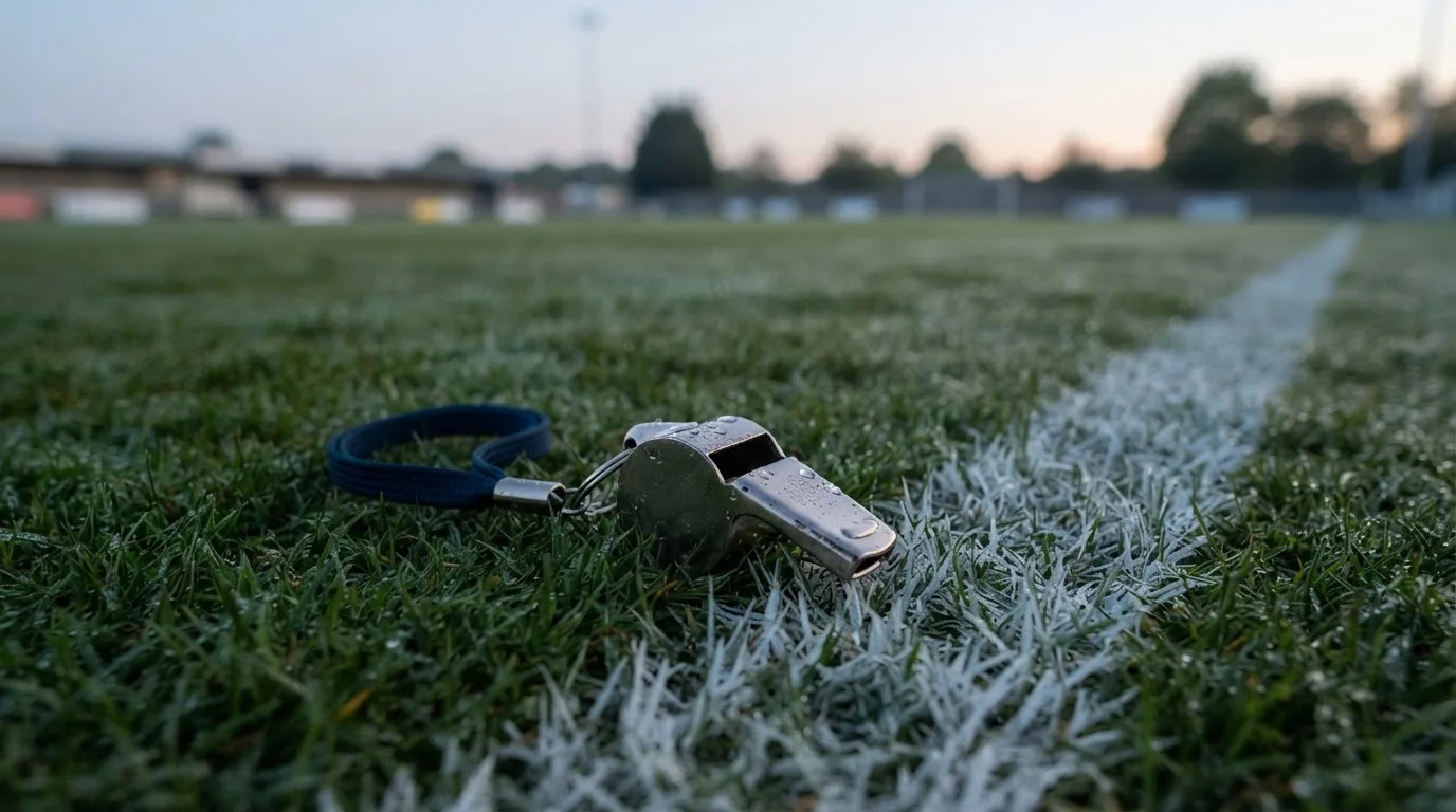 Eine Trillerpfeife liegt auf dem Rasen neben der Mittellinie, Tau hängt an den Halmen, im Hintergrund ein leerer Spielfeldrand.
