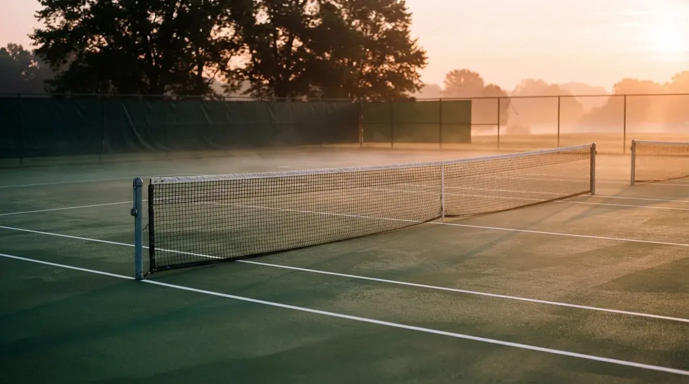 Ein Tennisplatz bei Sonnenaufgang, die Linien frisch gezogen, das Netz in der Mitte und Nebel über dem Boden.