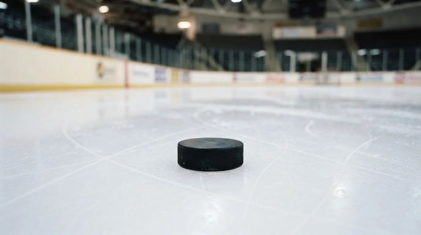 Ein Eishockeypuck liegt auf dem Eis, im Hintergrund unscharf die Bande unter hellem Hallenlicht.