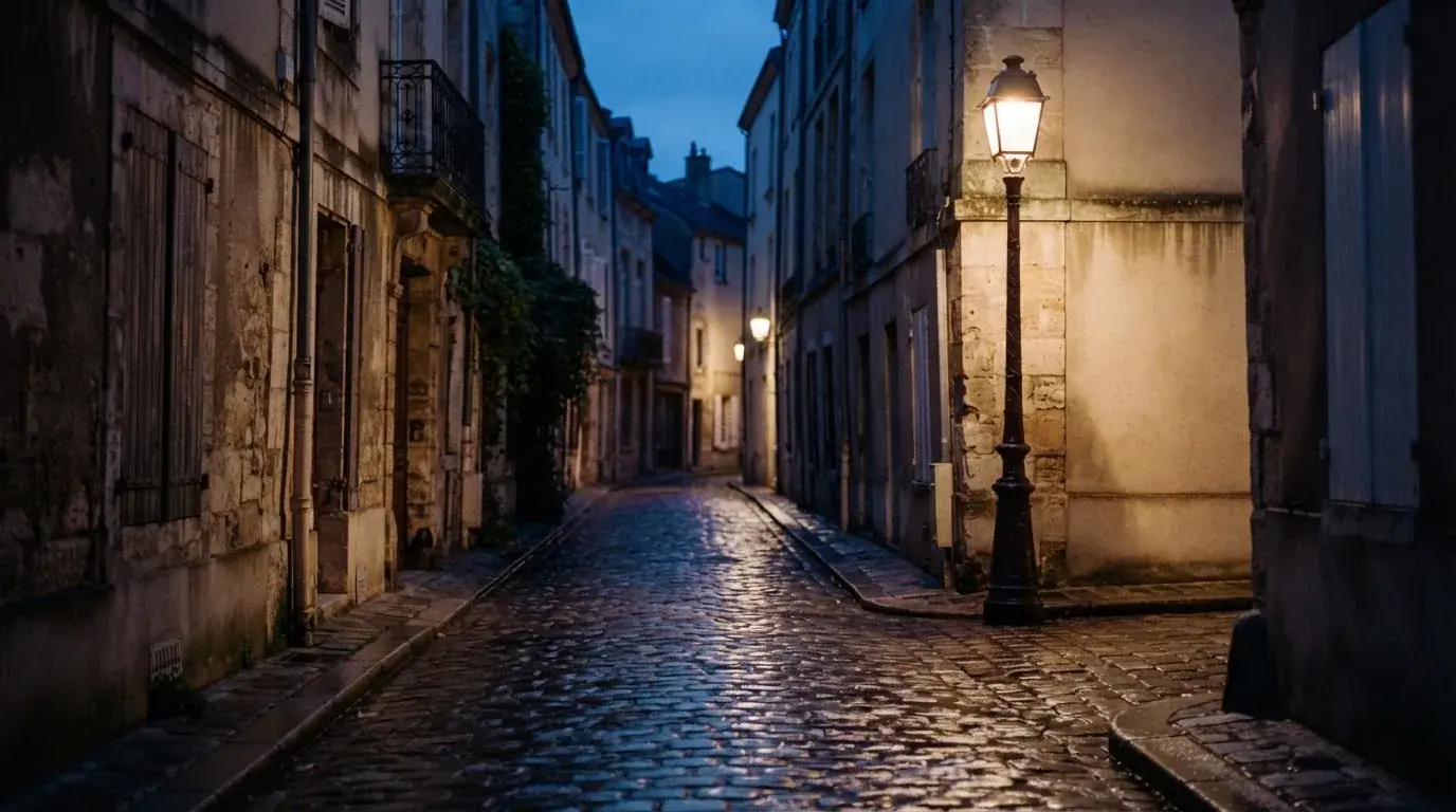 Eine Strassenlaterne in einer leeren Gasse am Abend, das nasse Kopfsteinpflaster spiegelt das warme Licht.