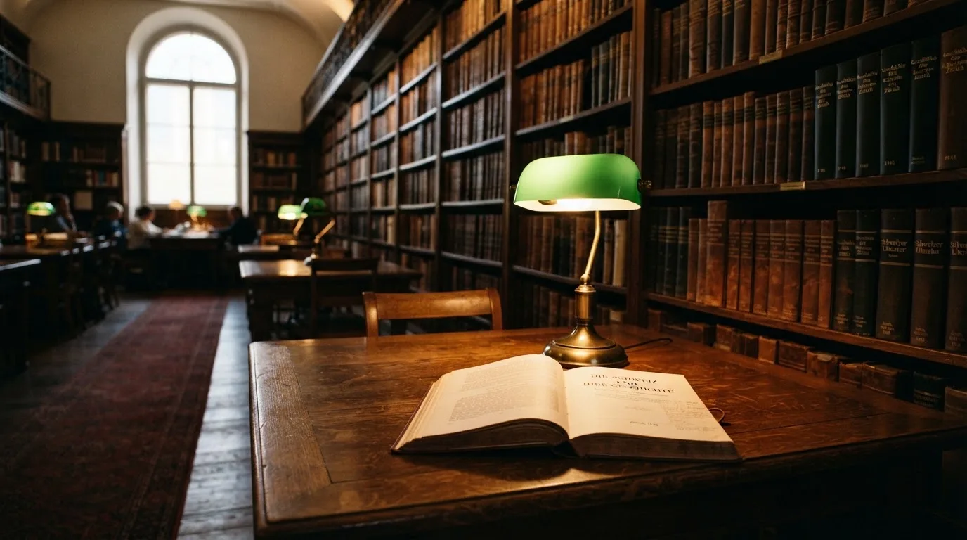 Eine Bibliothek mit hohen Holzregalen voller Bücher, im Vordergrund ein Lesetisch mit grüner Lampe.