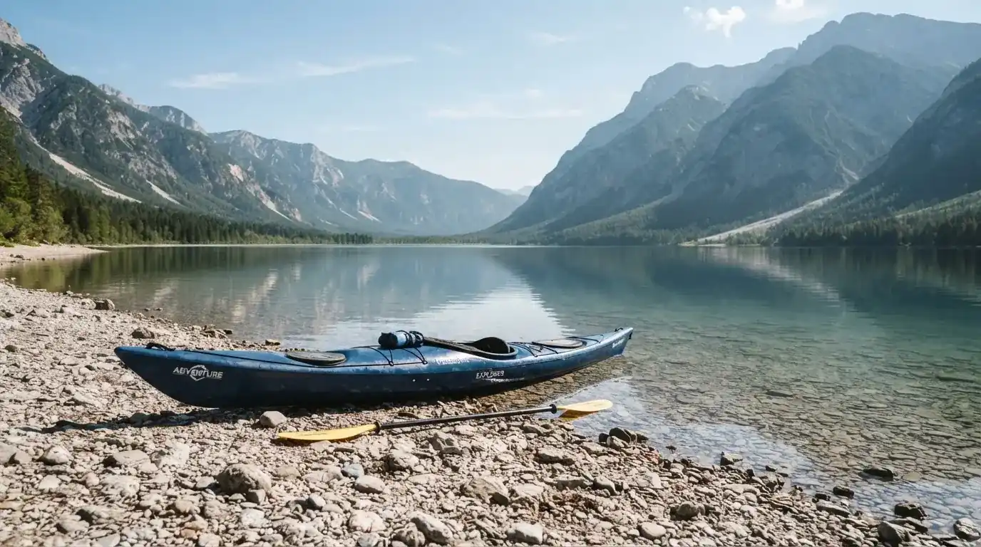 Ein Kajak liegt am Ufer eines Bergsees, daneben ein Paddel, das Wasser ist glatt und der Himmel klar.
