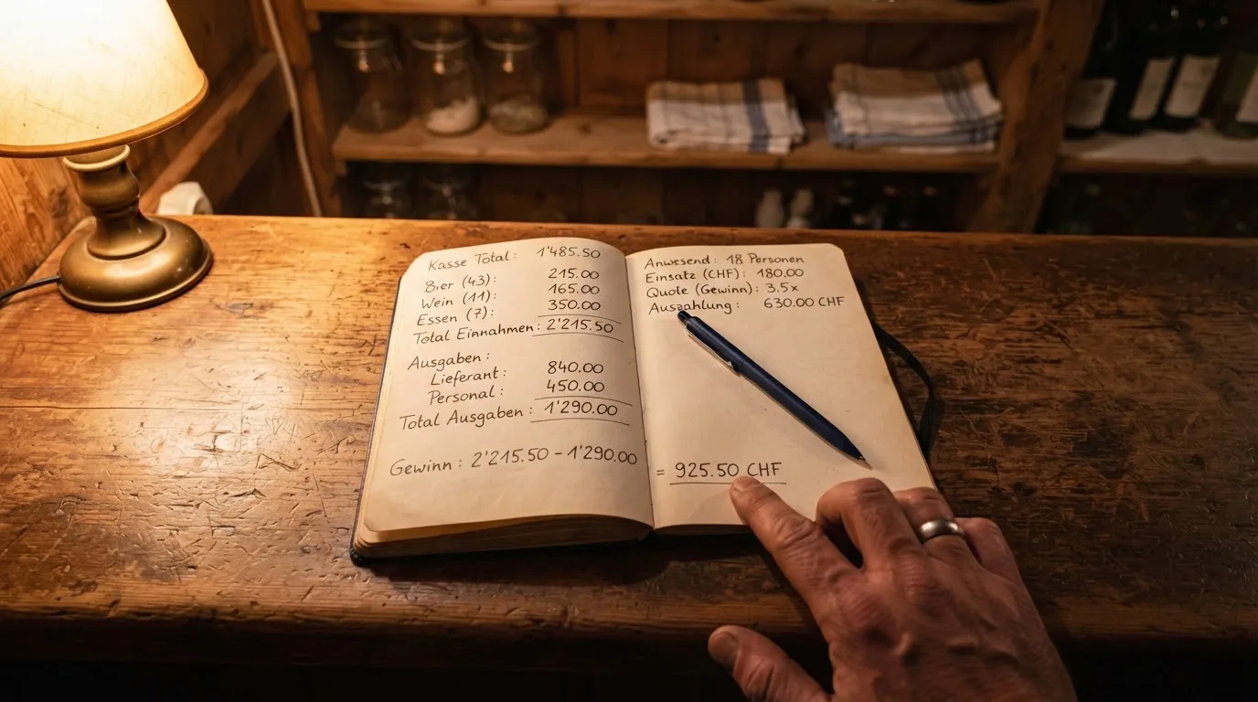 Ein alter Holztresen mit einem Notizbuch und einem Taschenrechner in warmem Lampenlicht, Regale im Hintergrund.