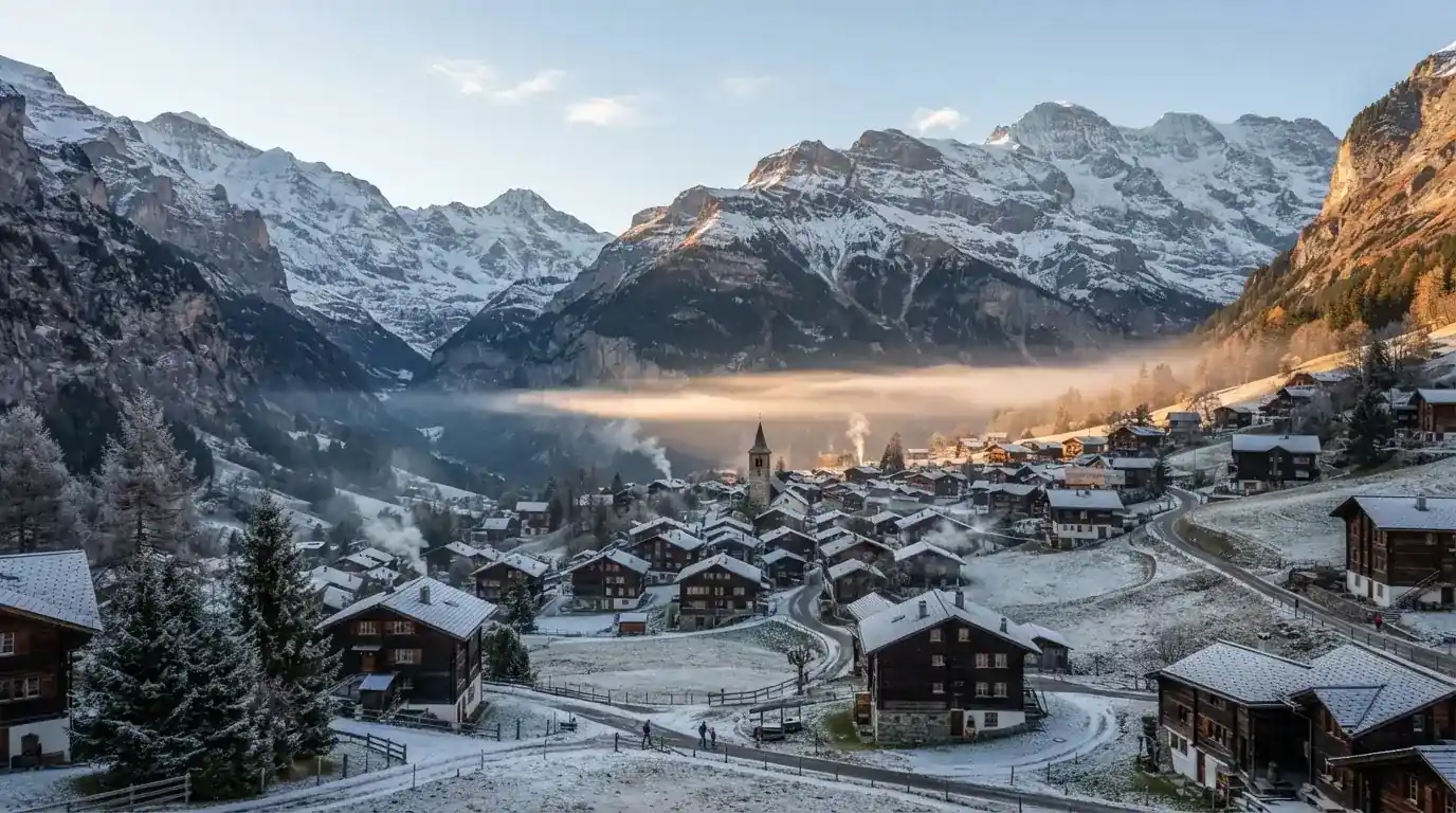 Ein Bergdorf mit Holzhäusern im Tal an einem klaren Morgen, über den Dächern liegen Nebelschwaden und weiter oben Gipfel.