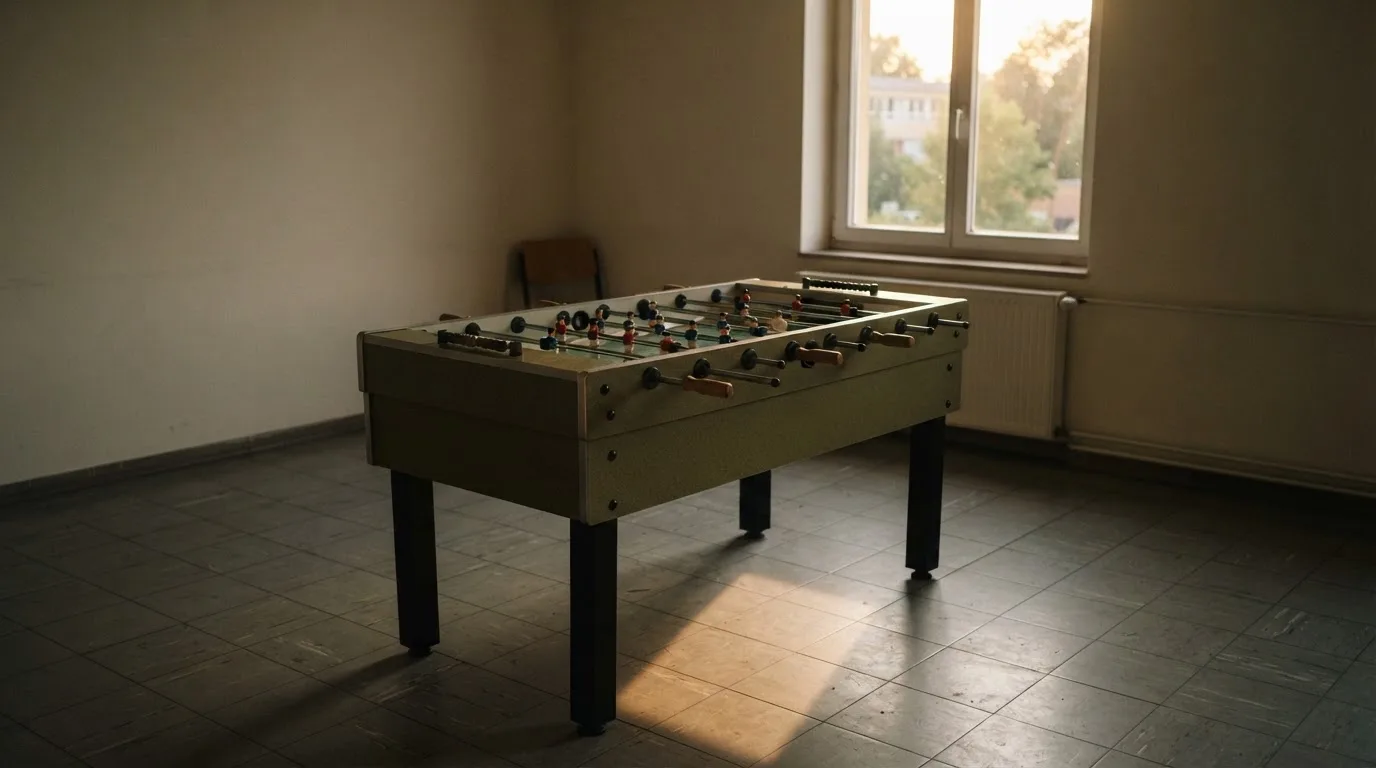 Ein Tischfussballtisch steht in einem leeren Aufenthaltsraum, Nachmittagslicht fällt durch ein Fenster.