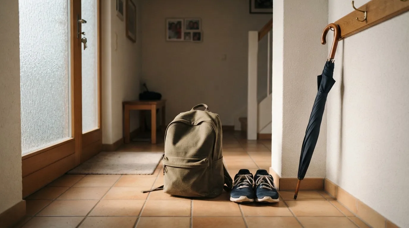 Ein Rucksack und Turnschuhe stehen an einer Haustür, daneben ein Regenschirm, durch das Glas fällt Morgenlicht.
