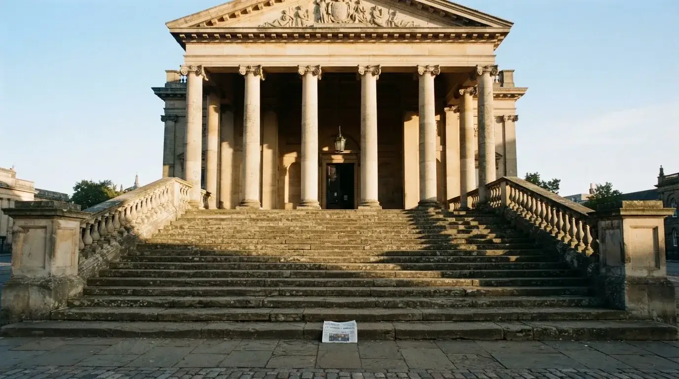 Eine breite Steintreppe führt zu einem Gebäude mit Säulen, die Morgensonne scheint, niemand ist zu sehen.