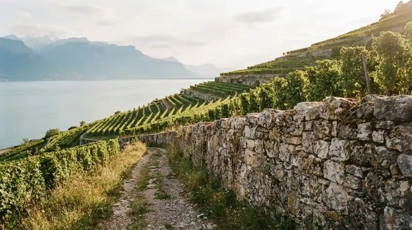 Eine Mauer aus Natursteinen am Wegrand, dahinter Weinberge, die zu einem See hinabführen.