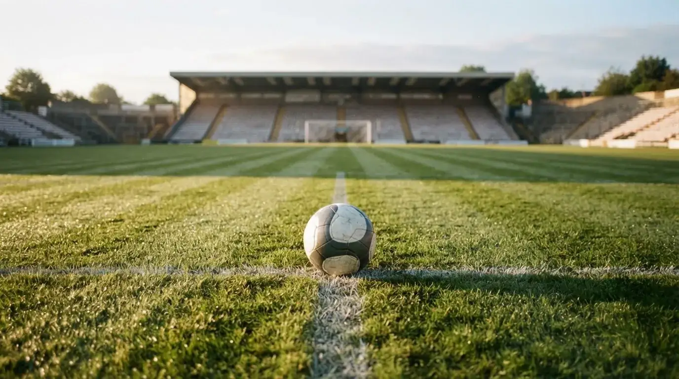 Ein Fussball liegt auf dem Anstosspunkt eines leeren Rasenplatzes im frühen Morgenlicht, dahinter erhebt sich eine menschenleere Tribüne.