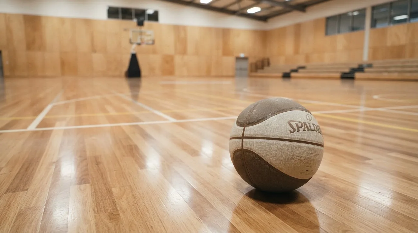 Ein Basketball liegt auf dem Parkett einer leeren Halle, von den Deckenlampen fällt gleichmässiges Licht auf den Boden.
