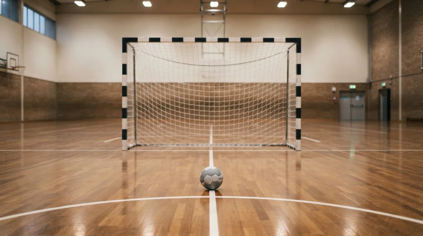 Ein Handballtor in einer leeren Sporthalle, der Ball liegt im Torraum und das Hallenlicht spiegelt sich im Parkett.
