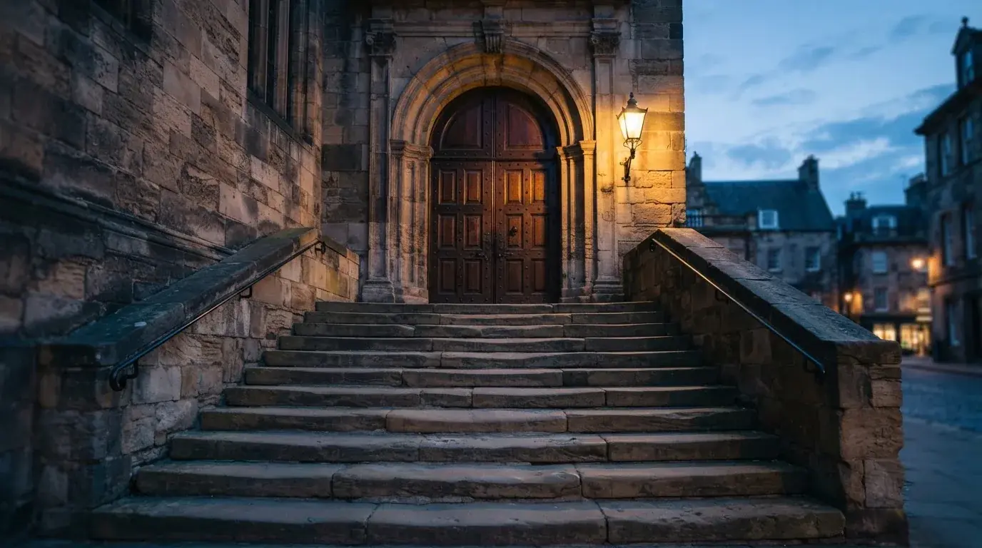 Eine breite Steintreppe führt zu einem hohen Portal aus dunklem Holz, das Licht der Dämmerung liegt auf den Stufen.