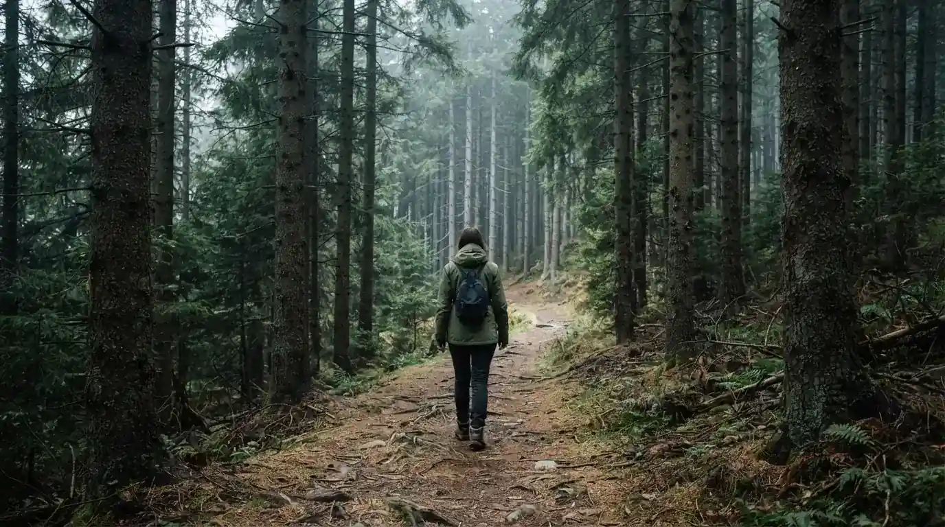 Eine Person von hinten auf einem Waldweg, die langsam zwischen hohen Tannen geht.