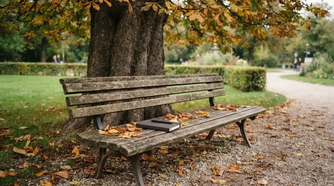 Eine Parkbank unter einer Kastanie im Herbst, auf dem Kiesweg liegen gelbe Blätter.