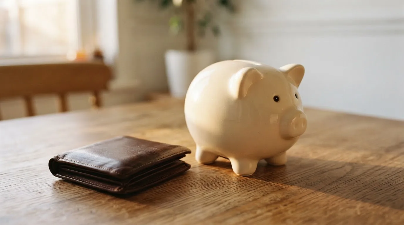 Ein Sparschwein aus Keramik steht auf einem Küchentisch neben einer leeren Geldbörse im Licht des Morgens.