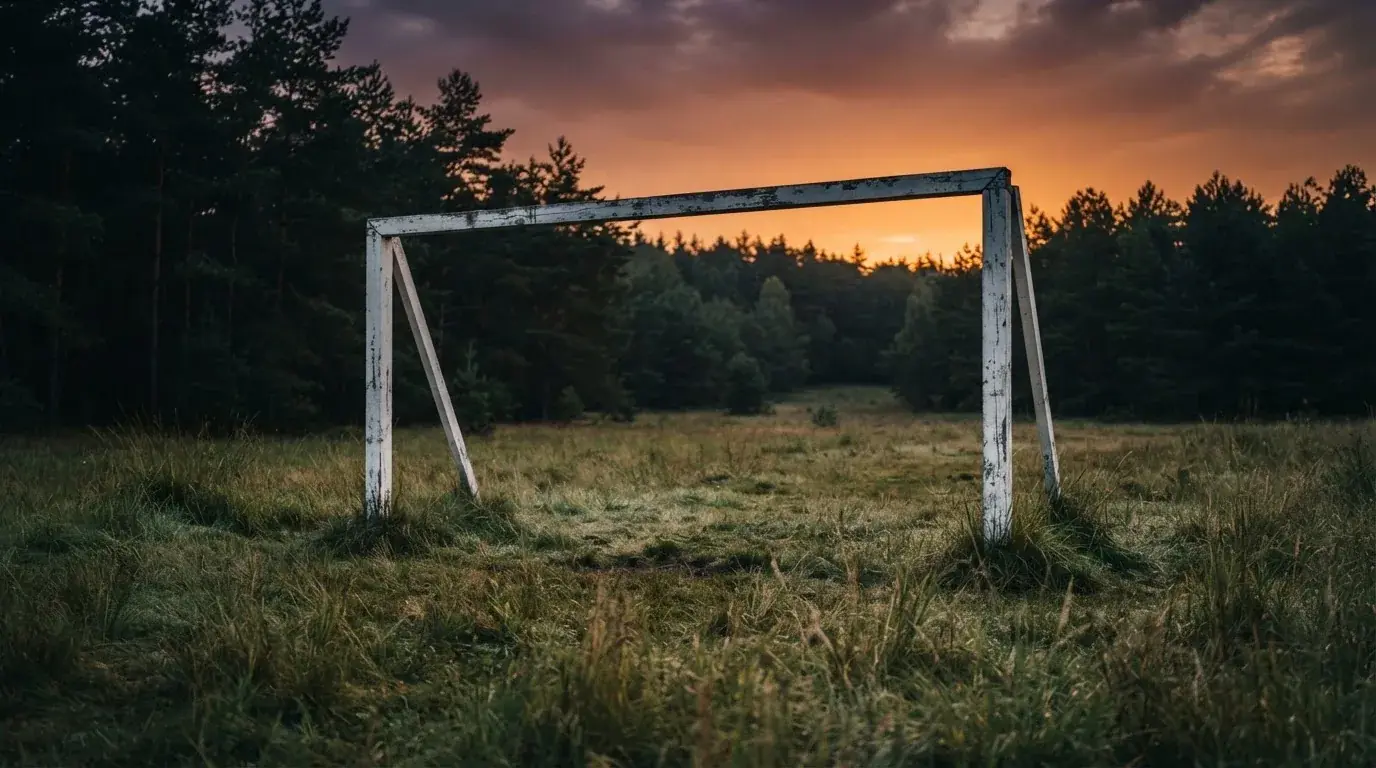 Ein Fussballtor ohne Netz steht auf einer Wiese am Waldrand, die Abenddämmerung färbt den Himmel orange.