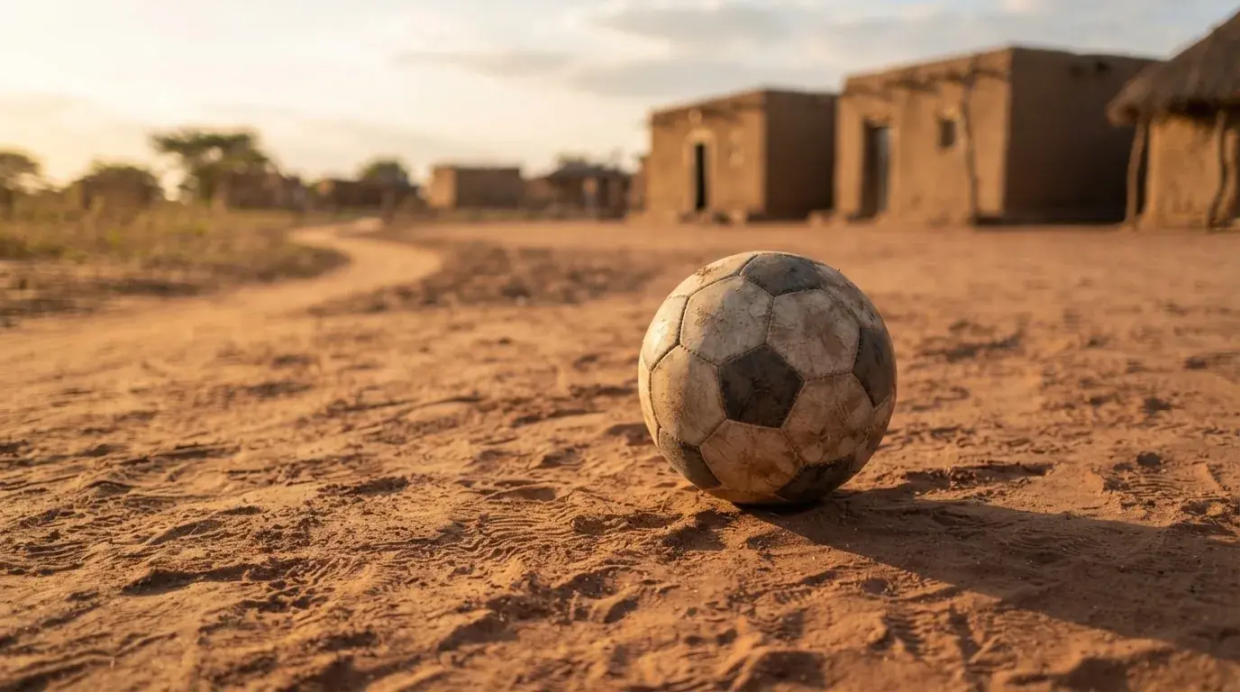 Ein Fussball liegt auf rotbraunem Sand am Rand eines Dorfes, die Abendsonne wirft lange Schatten.
