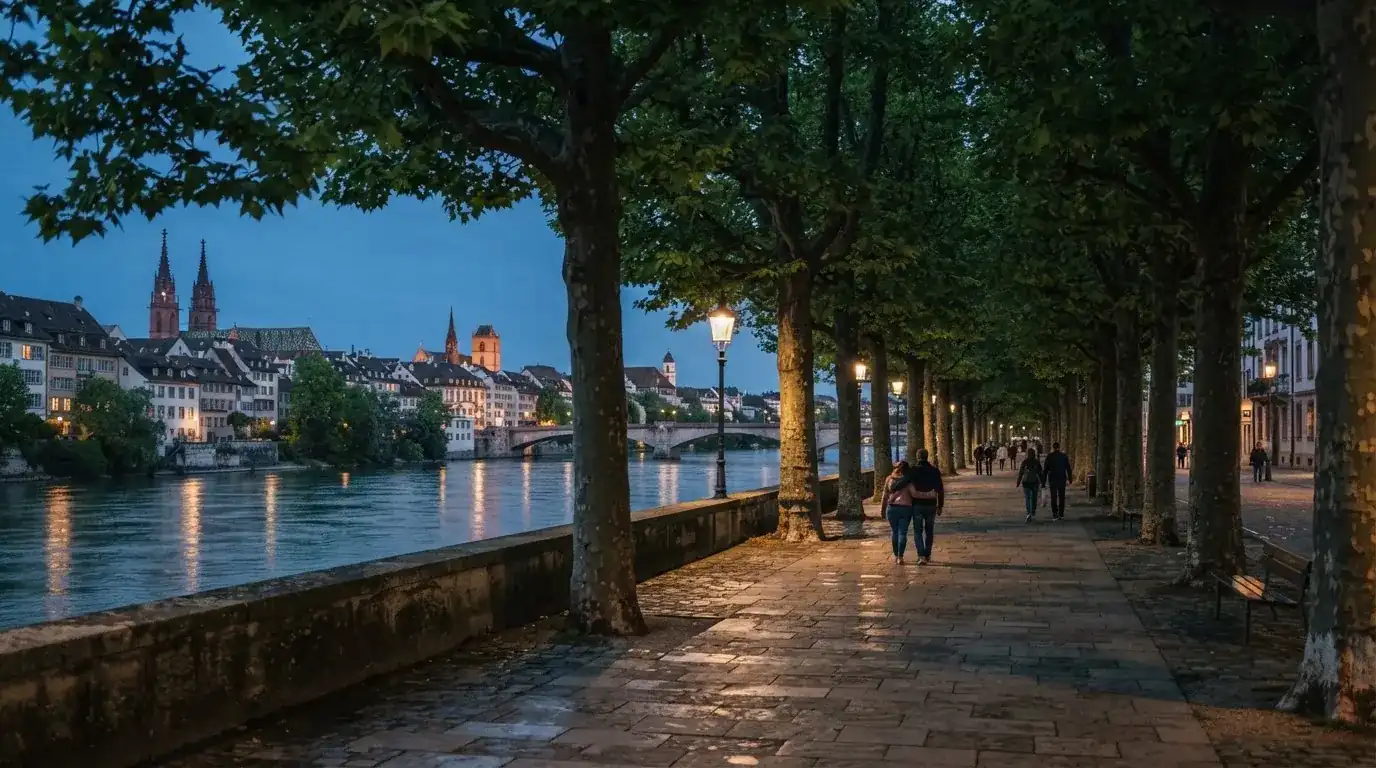 Eine Rheinpromenade mit hohen Bäumen am Abend, das Wasser spiegelt das Licht der ersten Laternen.