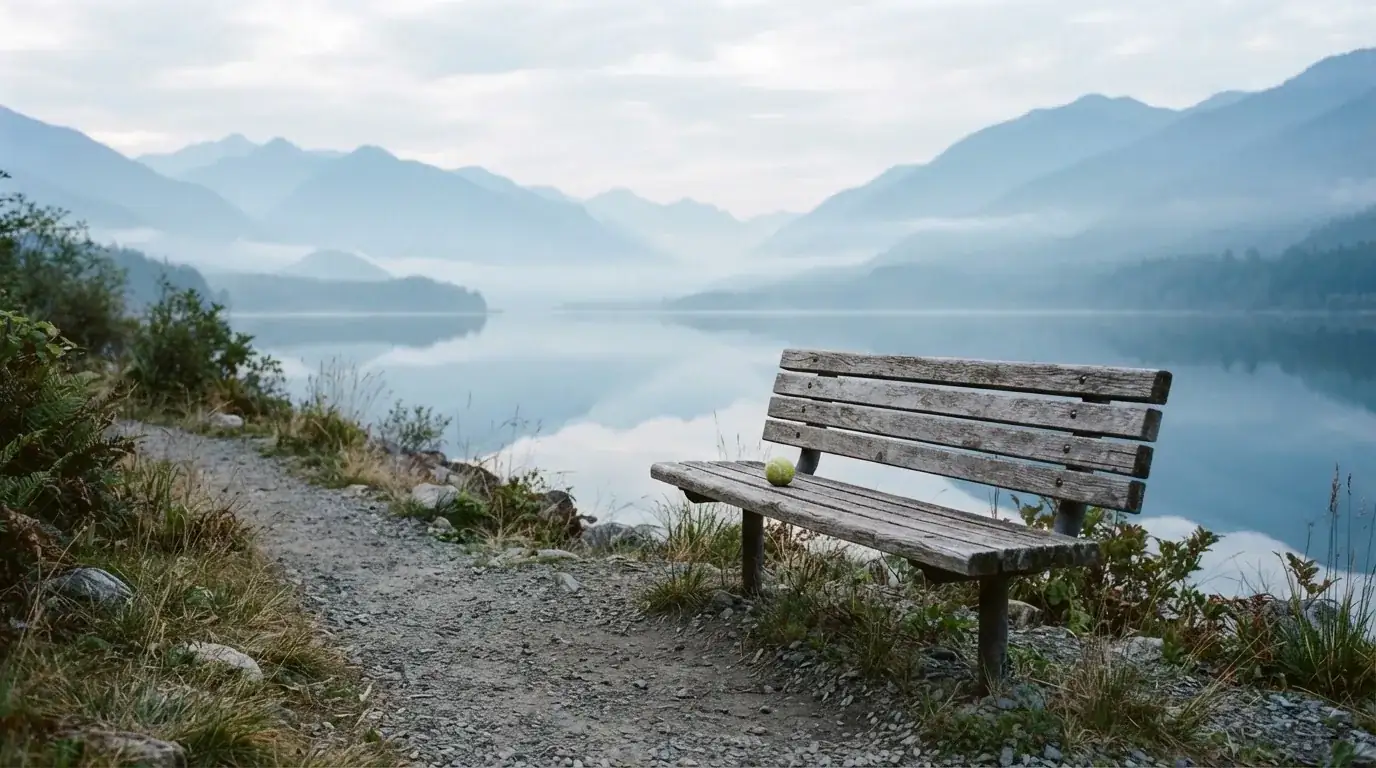 Eine Holzbank an einem Seeufer mit Blick auf eine Bergkette im Morgendunst, das Wasser ist spiegelglatt.