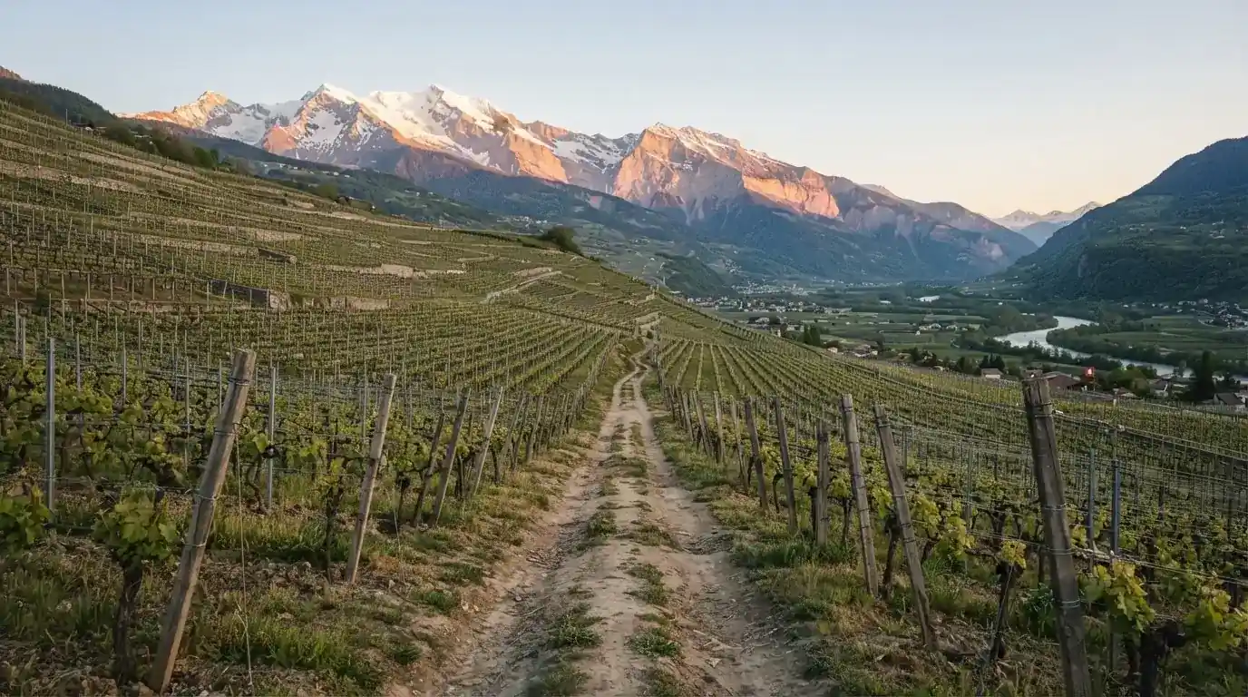Ein Feldweg zwischen Weinreben im Wallis bei Sonnenaufgang, im Hintergrund hohe Berge und klare Luft.