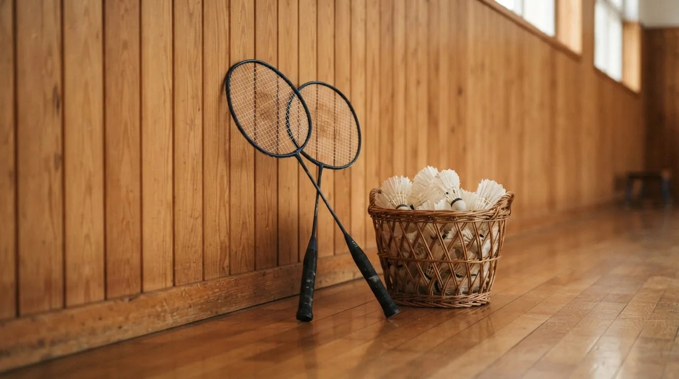 Zwei Badmintonschläger lehnen gekreuzt an einer Hallenwand aus Holz, daneben steht ein Korb mit Federbällen.