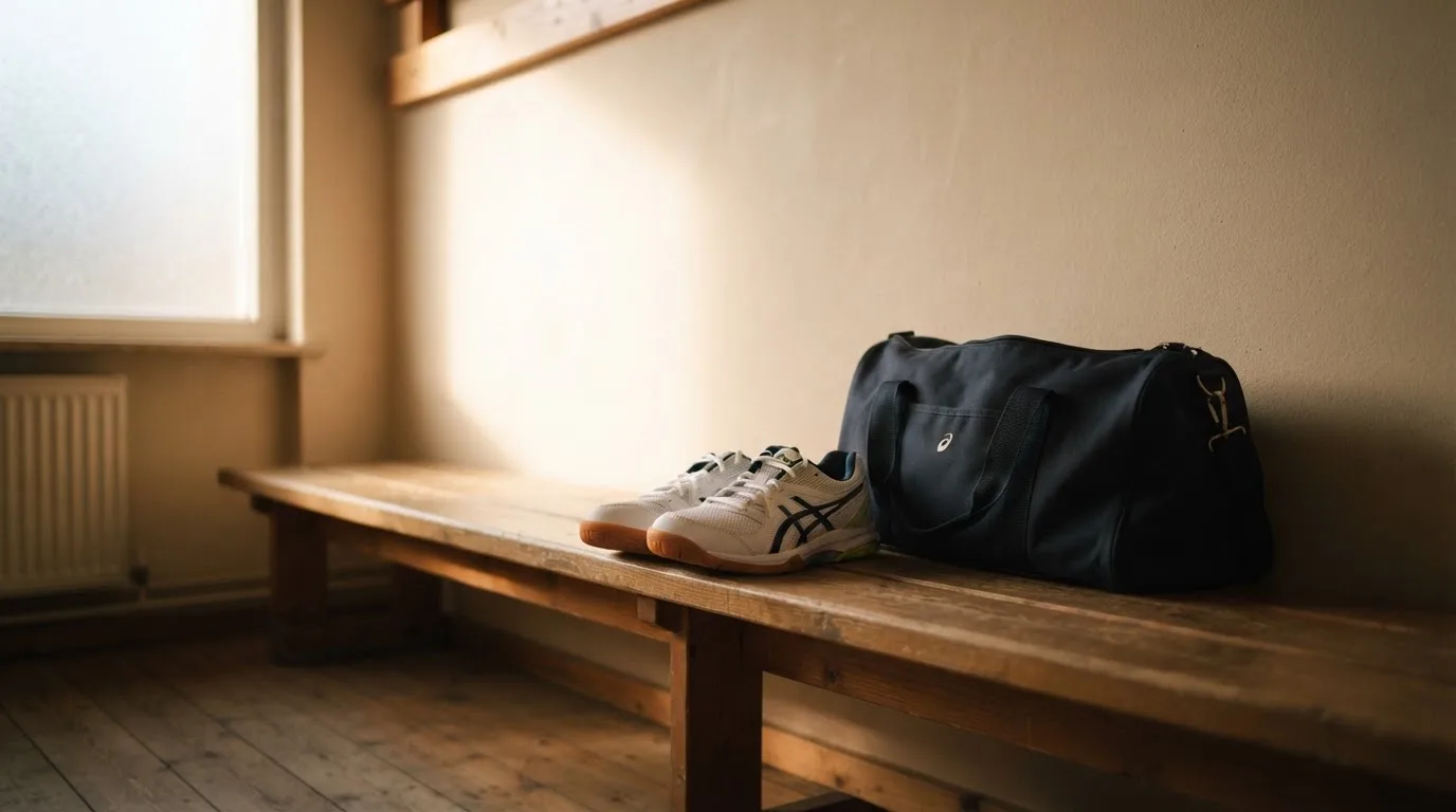 Ein Paar Hallenschuhe steht ordentlich neben einer Sporttasche auf einer Bank in einer leeren Garderobe, ein Fenster lässt Morgenlicht herein.