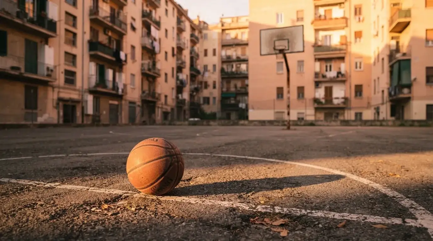 Ein Basketball liegt auf einem Asphaltplatz in einem Hinterhof zwischen Wohnblöcken, das Abendlicht färbt die Wände warm.