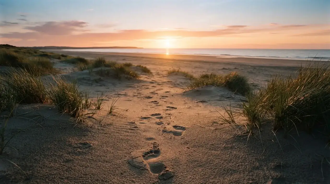 Spuren im Sand führen durch Dünengras auf den Horizont zu, die Sonne steht tief und färbt den Himmel orange.