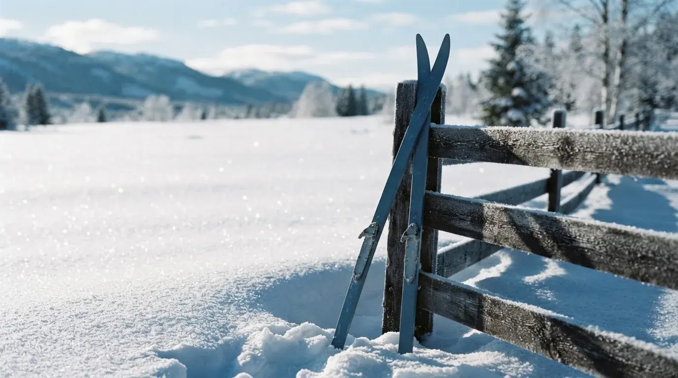 Ein Paar Langlaufskier steckt aufrecht im Schnee neben einem Holzzaun, die Sonne glitzert auf Eiskristallen.