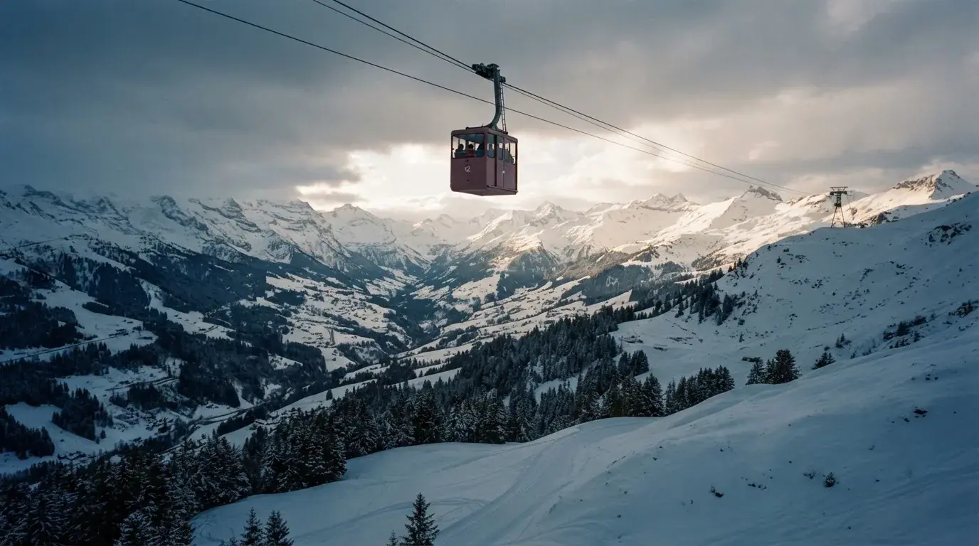 Eine Seilbahnkabine schwebt über einem verschneiten Tal, die Sonne bricht durch die Wolken und beleuchtet die Hänge.