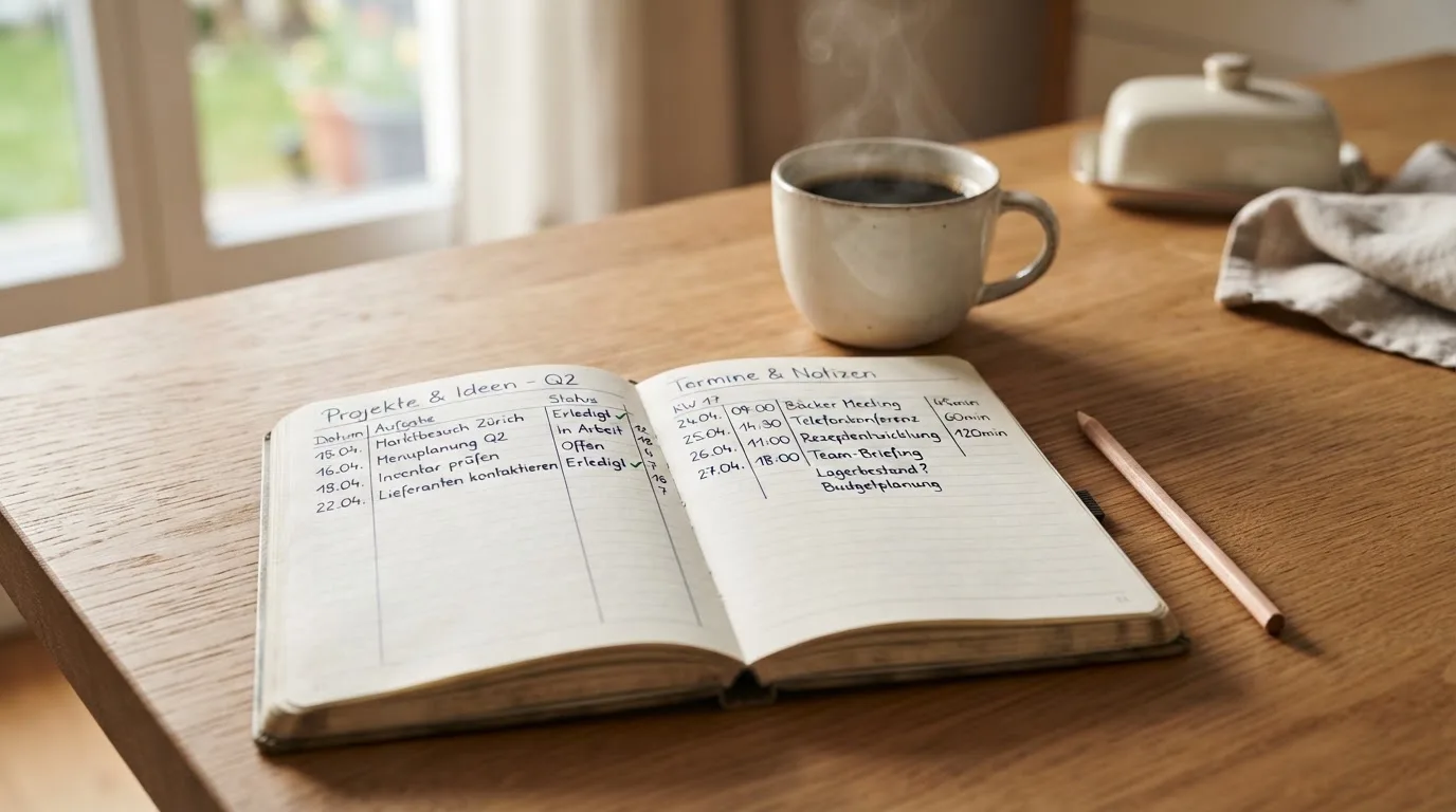 Ein aufgeschlagenes Notizbuch mit handgeschriebenen Spalten und ein Bleistift neben einer Tasse Kaffee auf einem Holztisch am Morgen