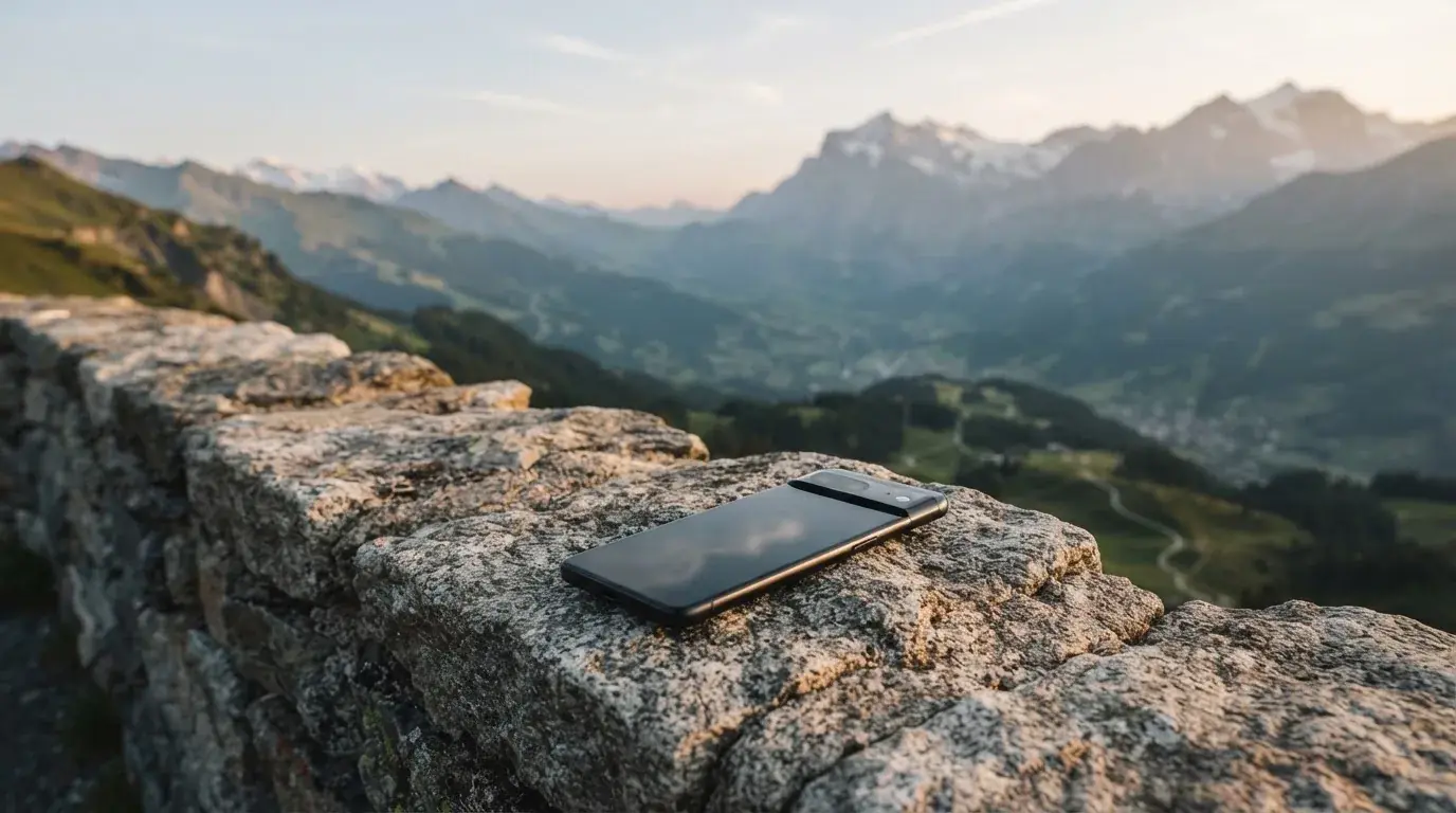 Ein Smartphone mit dunklem Display liegt auf einer Steinmauer, dahinter ein Alpental im Abendlicht