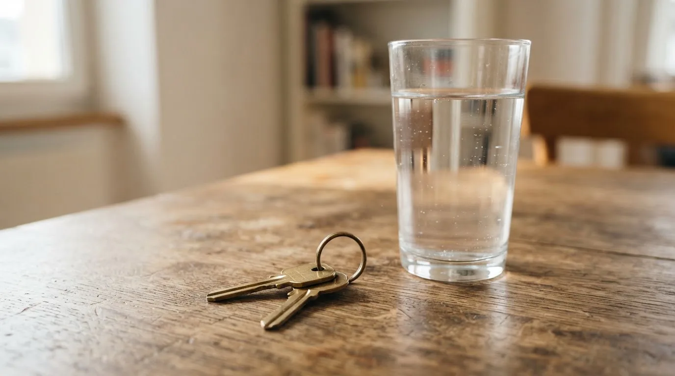 Ein Schlüsselbund und ein Glas Wasser stehen auf einem Holztisch im Licht eines Fensters