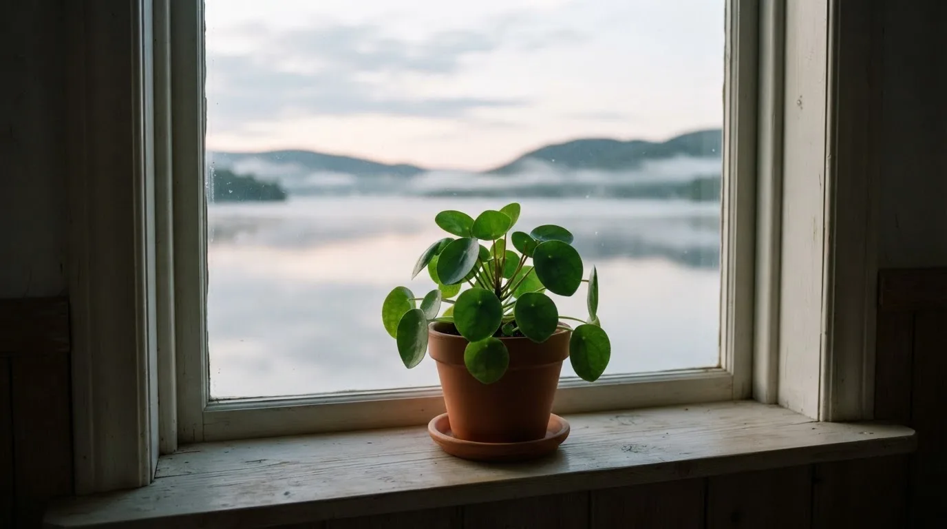 Eine Topfpflanze auf einem Fensterbrett mit weitem Blick über einen stillen See am Morgen