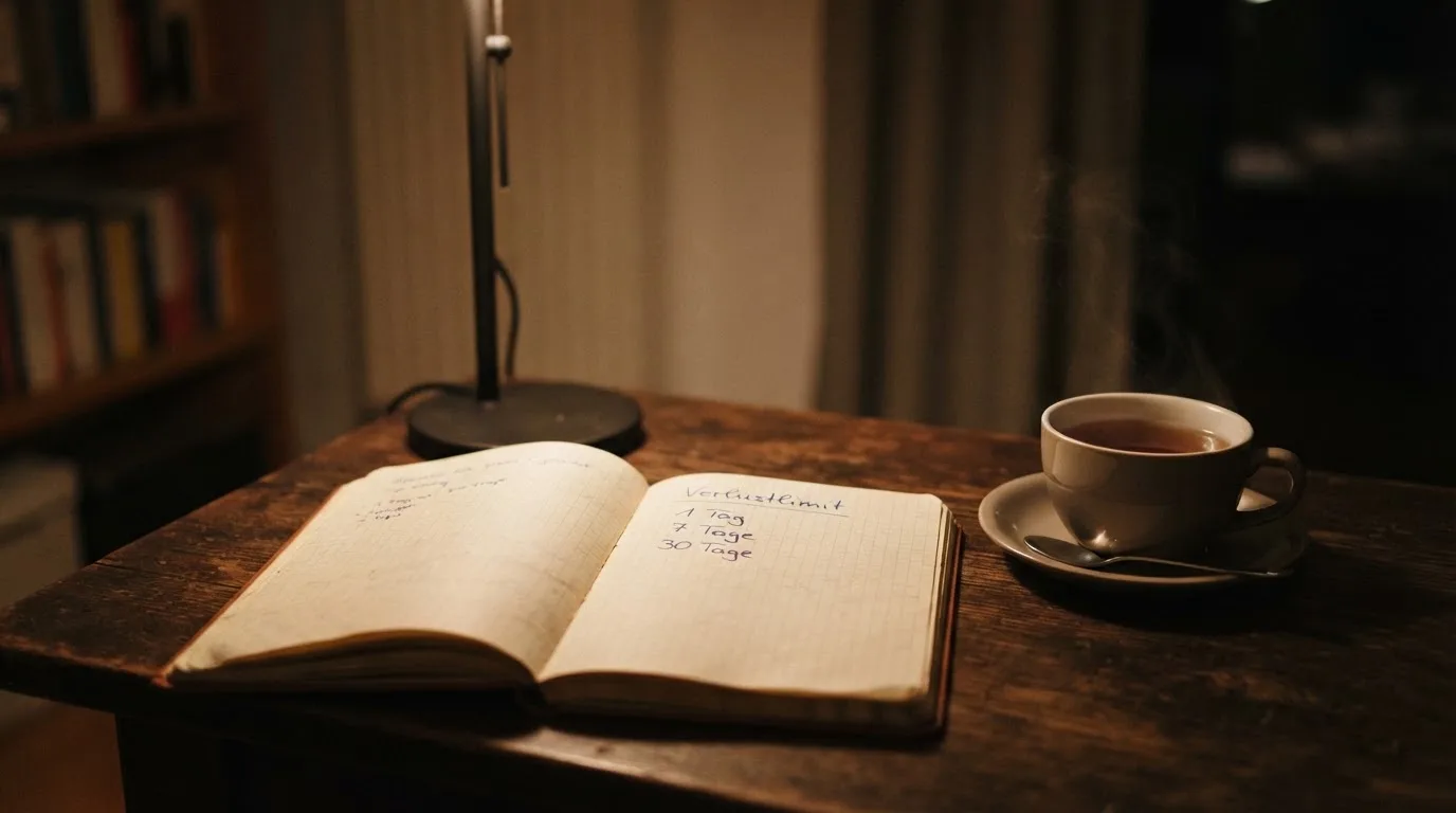 Ein Notizbuch mit handschriftlichen Einträgen und eine Tasse Tee stehen auf einem Tisch neben einer Stehlampe