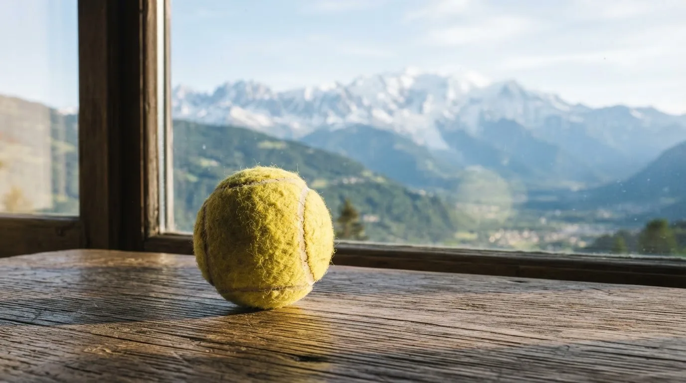 Ein einzelner gelber Tennisball liegt auf einem Holztisch vor einem Fenster mit Alpenblick