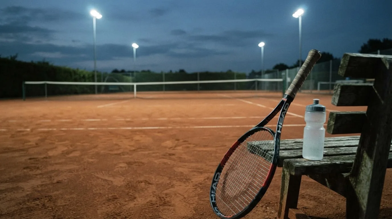 Ein Tennisschläger lehnt an einer Bank neben einer Wasserflasche, am Abend ruht der Platz im Flutlicht, aus der Ferne gesehen