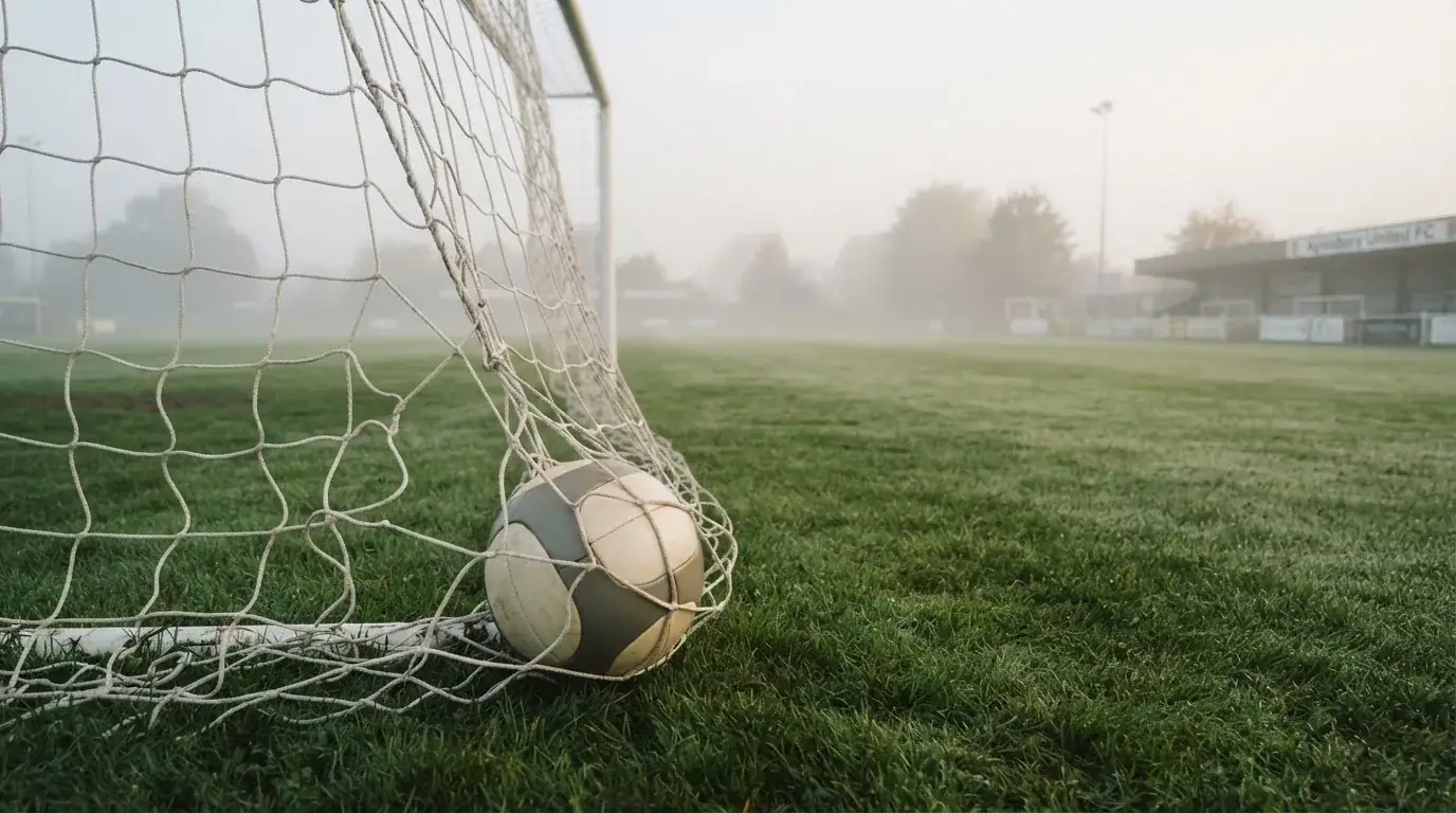 Ein Fussball liegt im Netz hinter einem Tor, weicher Morgennebel hängt über dem Rasen