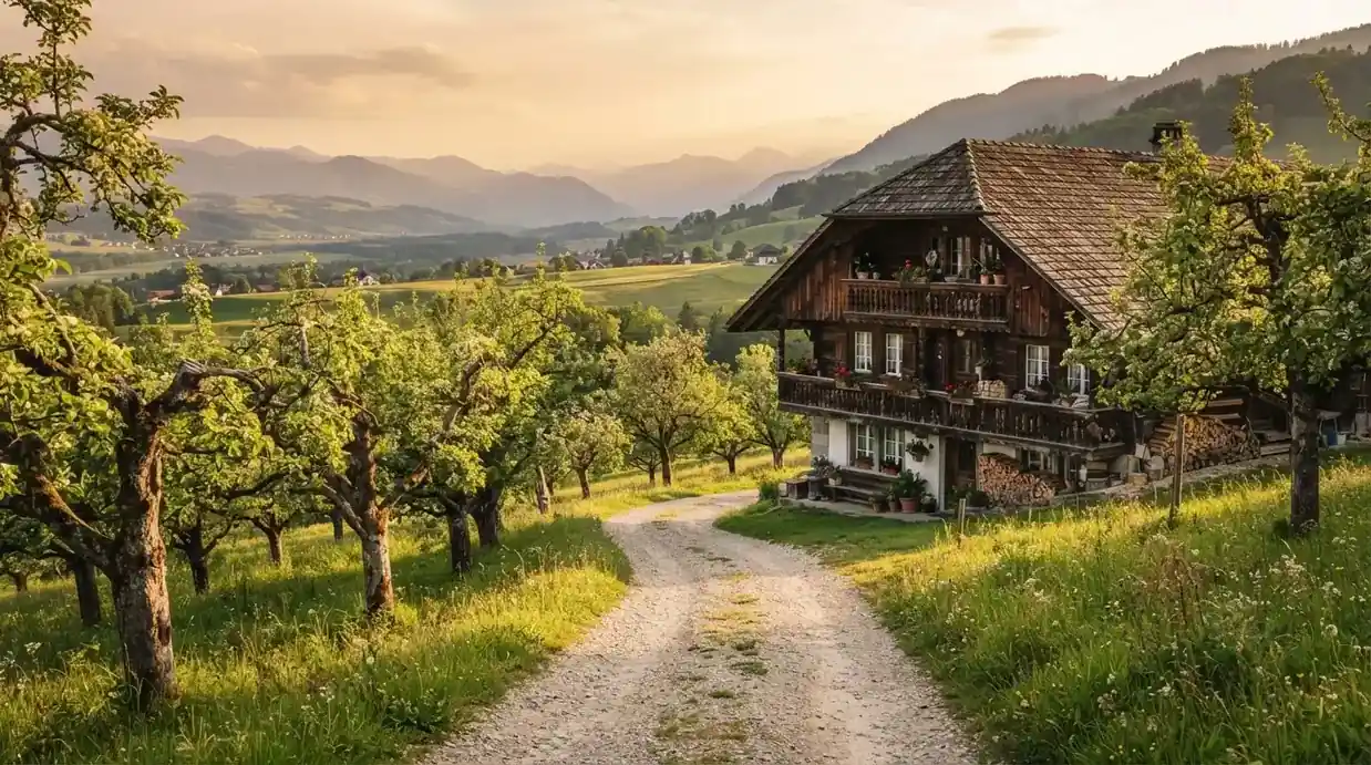 Ein Kiesweg führt durch einen Obstgarten zu einem Bauernhaus mit Holzbalkon, über dem Tal liegt Abendlicht