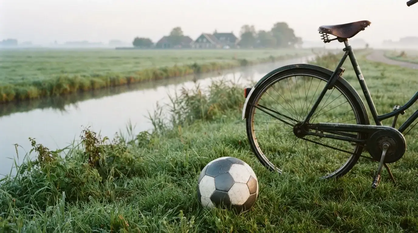 Ein Fussball liegt auf einer Wiese neben einem Fahrrad, im Hintergrund ein Kanal im Morgenlicht