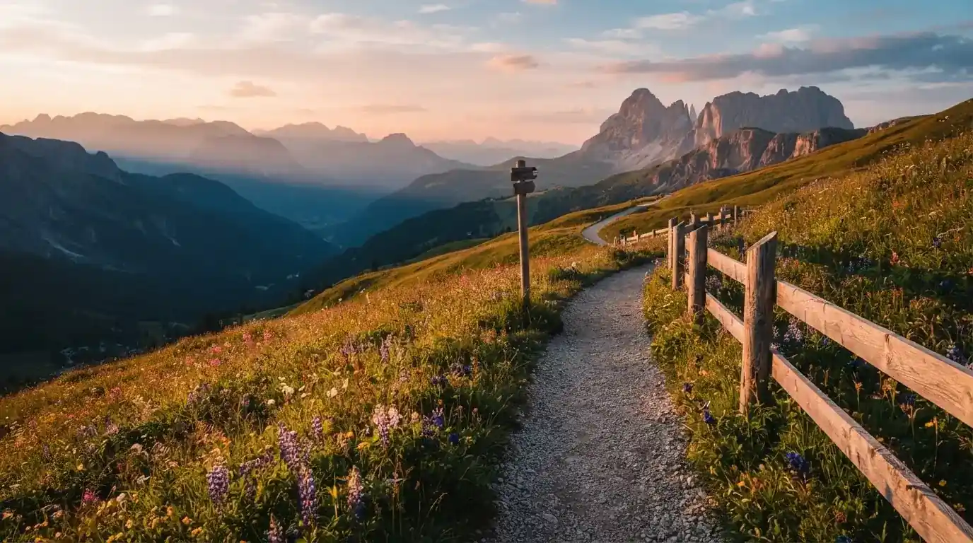 Ein Wanderweg führt durch eine Almwiese im Sonnenuntergang, am Wegrand steht ein Holzzaun