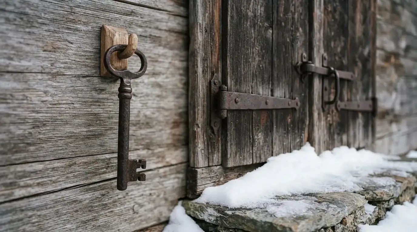 Ein Schlüssel hängt an einem Holzhaken neben einer schweren, verschlossenen Hüttentür, auf der Schwelle liegt Schnee.