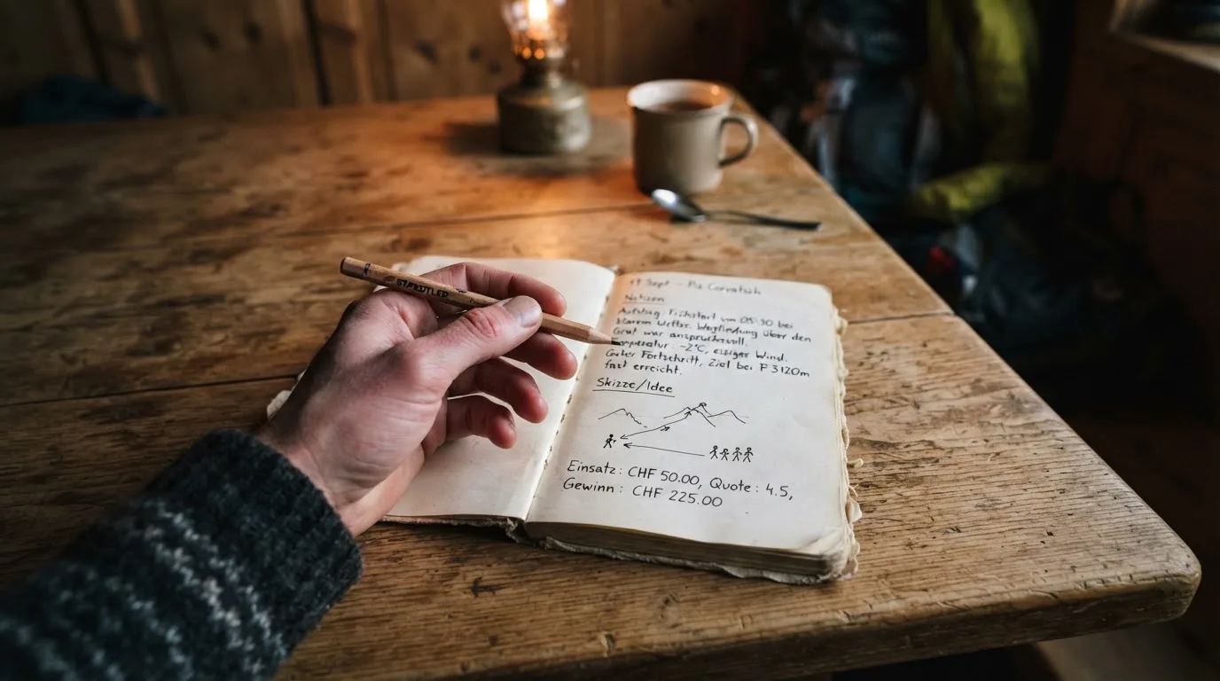 Eine frierende Hand hält einen Bleistift über einer handbeschriebenen Notizbuchseite auf einem Holztisch in einer Berghütte.