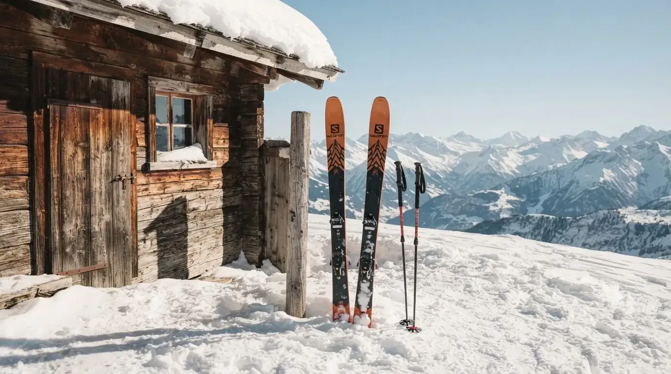 Zwei Skier stecken aufrecht im Schnee neben einer Holzhütte, dahinter ein weites Alpenpanorama bei klarem Himmel.