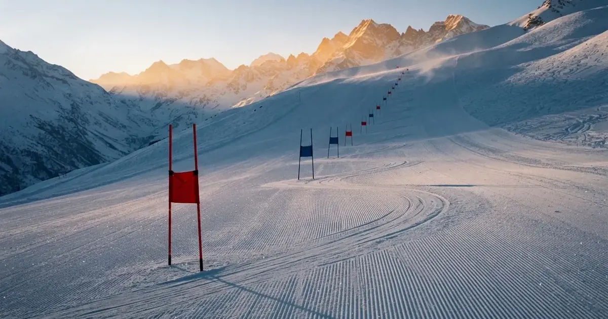 Ein frisch präparierter Hang mit Slalomstangen in einer Reihe im ersten Morgenlicht, Schneespuren im Hang und Berge im Hintergrund.