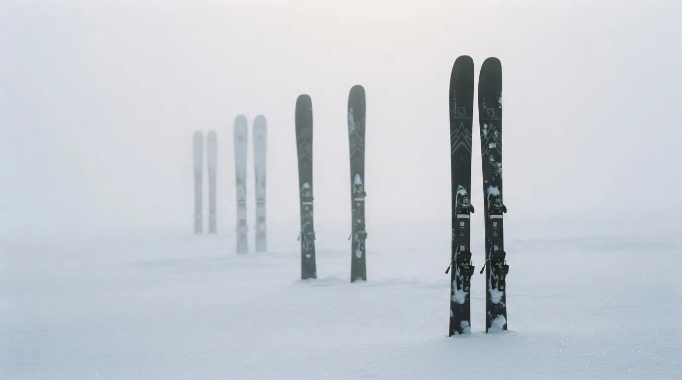 Fünf Paar Skier stehen aufrecht in einer Reihe im Schnee und verschwinden langsam im weichen Nebel.