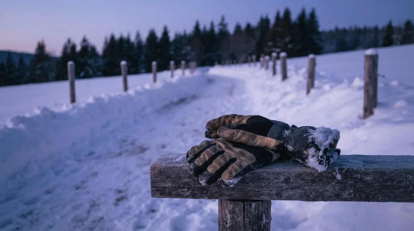 Ein Paar Skihandschuhe liegt auf einem Holzgeländer am Ende eines verschneiten Wegs in der Dämmerung.