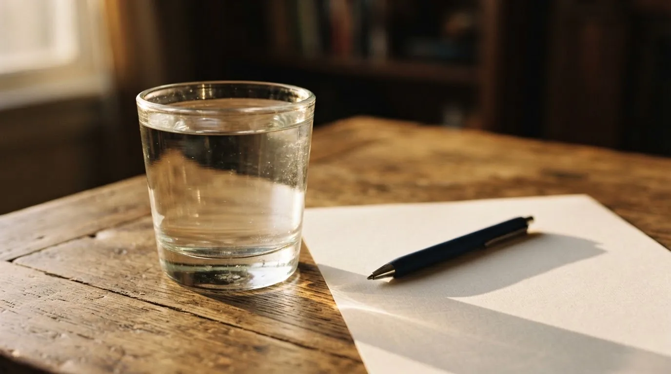 Ein Glas steht bis zum Rand gefüllt auf einem Holztisch, daneben ein Kugelschreiber und ein leeres Blatt Papier im Seitenlicht.