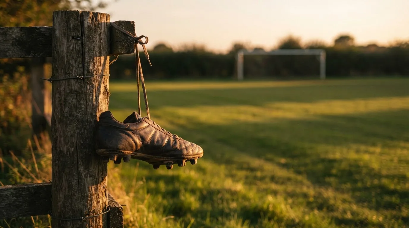 Ein Fussballschuh hängt an den Schnürsenkeln an einem Zaunpfosten neben einem Trainingsplatz im Abendlicht.