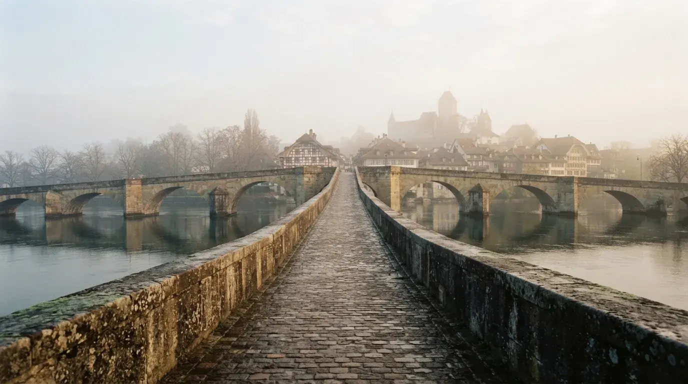 Eine Steinbrücke führt im Frühnebel über einen Fluss, auf dem Fussweg ist niemand zu sehen.